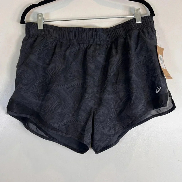 Asics Women's Black Running Shorts. Mesh Hem. Black Swirl Design L NWT - Picture 1 of 13